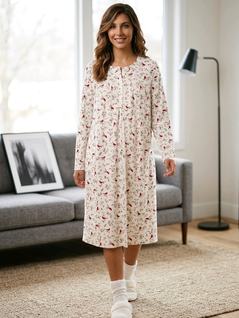 Aria Cream Floral Long-Sleeve Nightgown